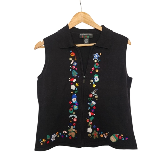hampshire studio Tops - 🎄 Vintage Zip Up Collared Embellished Holiday Black Vest Colorful buttons